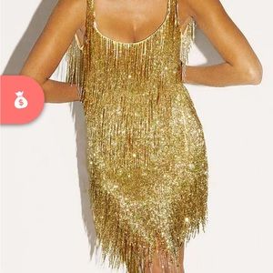 PrettyTina Solid Colour Rocking Tassel Backless Mini Dress in GOLD
